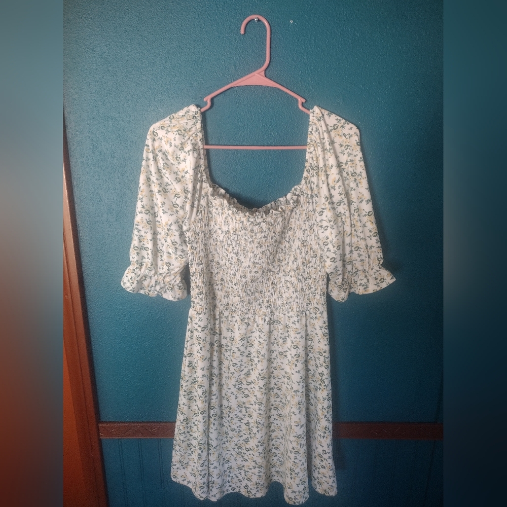 Wayf White Floral Ruffled Sleeves Smocked Mini Dress
